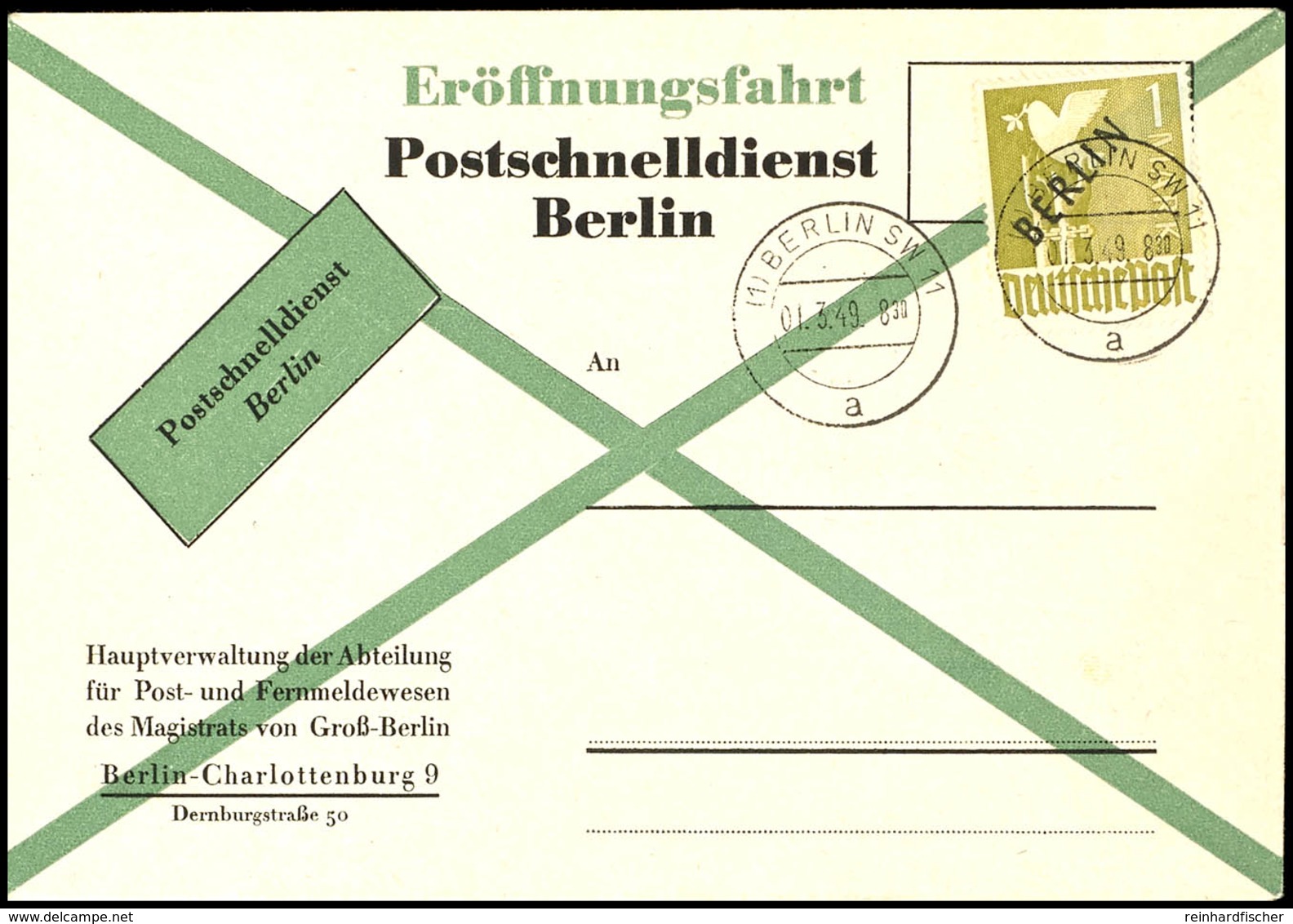 1 M. Schwarzaufdruck Gestempelt "BERLIN SW 11/ 1.3.49" Auf Amtlichem FDC Zur Eröffnung Des Postschnelldienstes, Unbeschr - Sonstige & Ohne Zuordnung