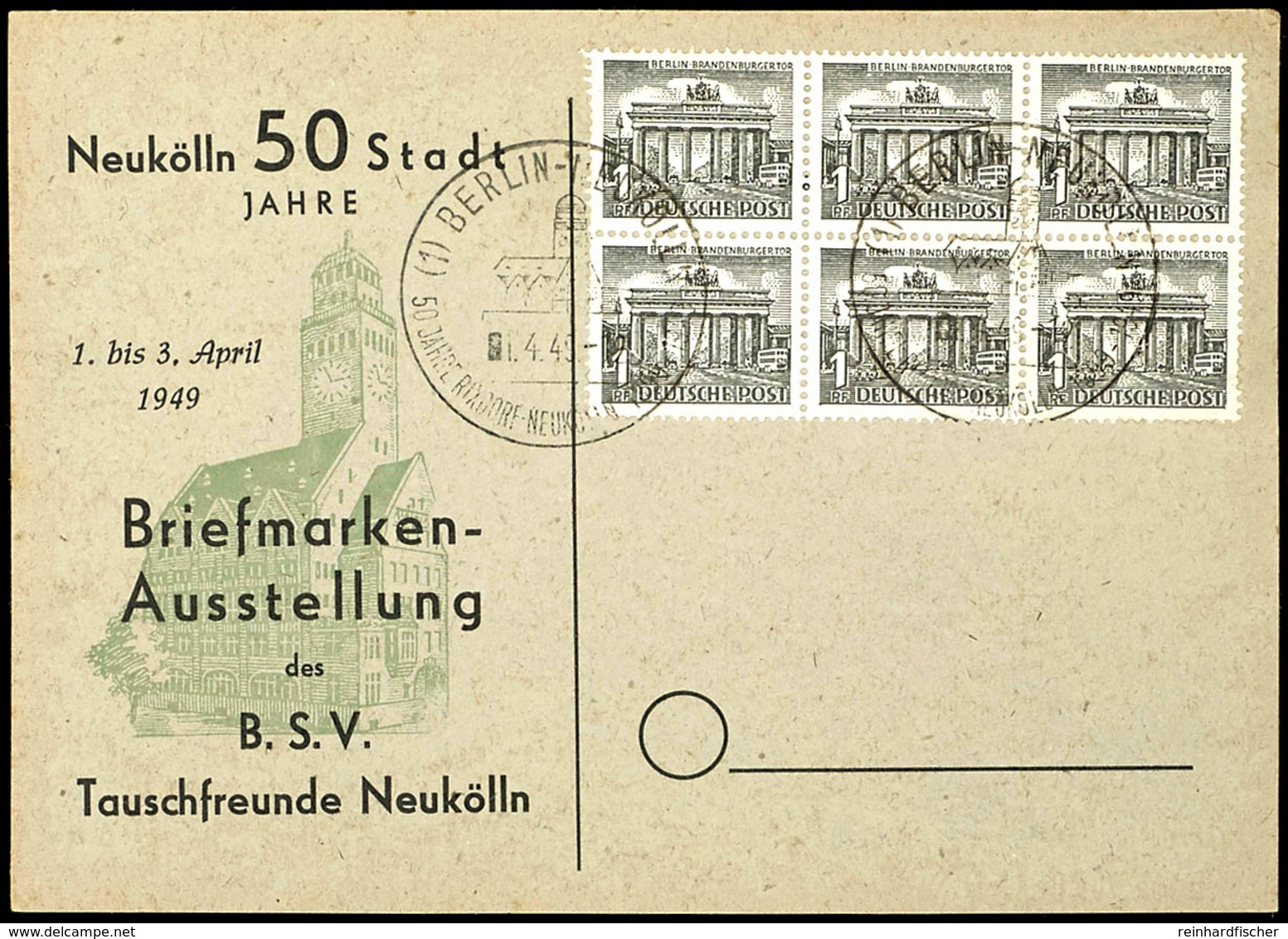 1 Pfg Berliner Bauten, Sechserblock Auf Blanko-Karte Mit Entwertung "BERLIN NEUKÖLLN 1.4.49", Bogenfelder 1 - 3 Und 11 - - Other & Unclassified
