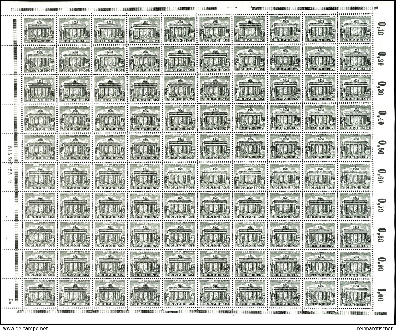 1 Pfg Berliner Bauten, Vollständiger Originalbogen Zu 100 Werten, HAN "515266.55 2" Und Druckerzeichen "Be", Tadellos Po - Sonstige & Ohne Zuordnung