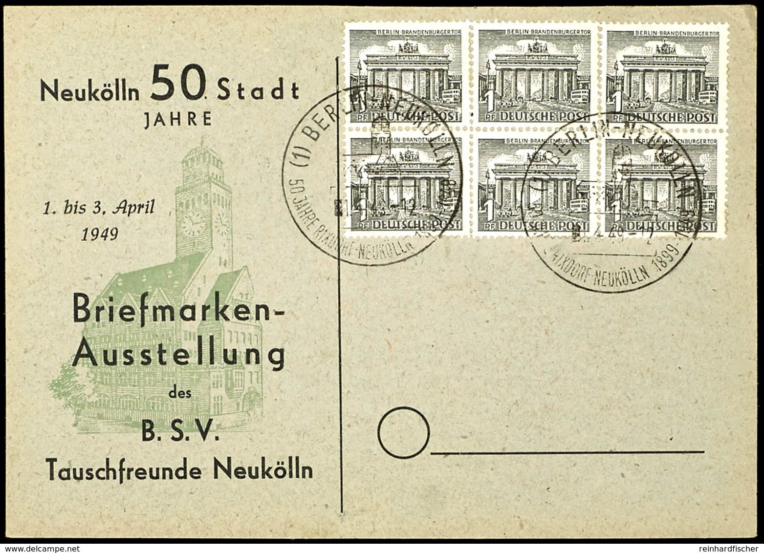 1 Pfg Berliner Bauten, Drei Senkrechte Paare Als Sechserblock Geklebt Auf Blanko-Karte Mit Entwertung "BERLIN NEUKÖLLN 1 - Other & Unclassified