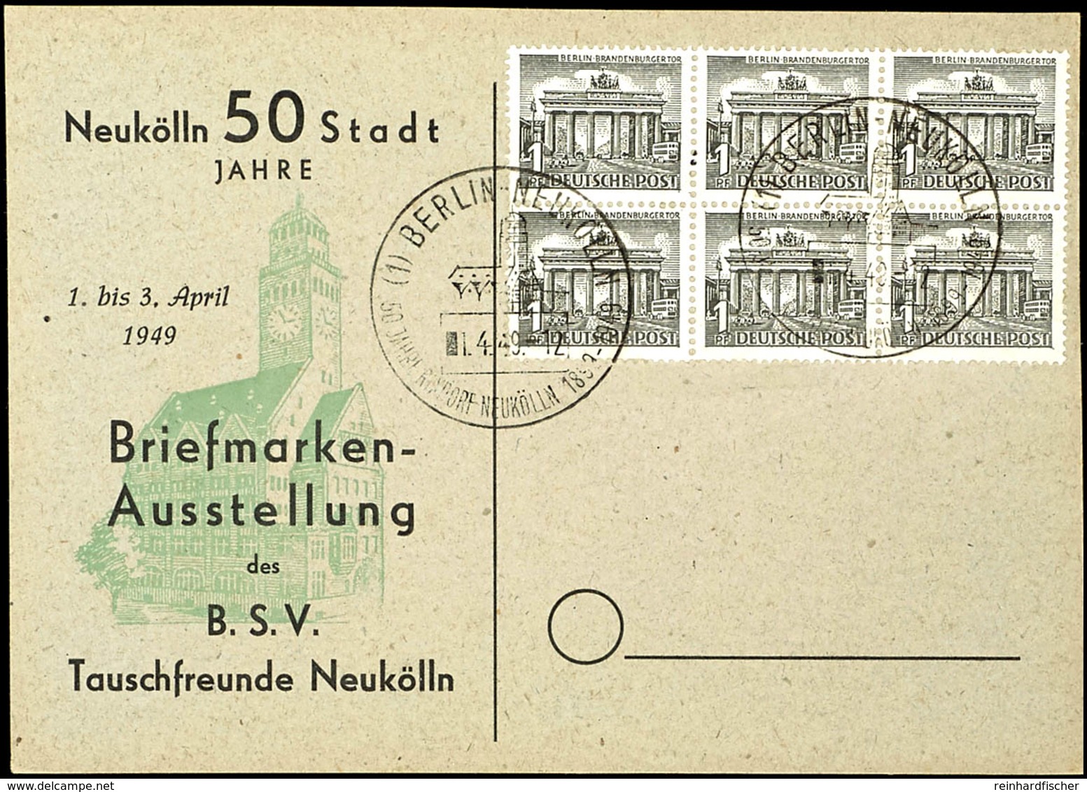 1 Pfg Berliner Bauten, Sechserblock Blanko-Karte Mit Entwertung "BERLIN NEUKÖLLN 1.4.49", Bogenfelder 45 - 47 Und 55 - 5 - Other & Unclassified