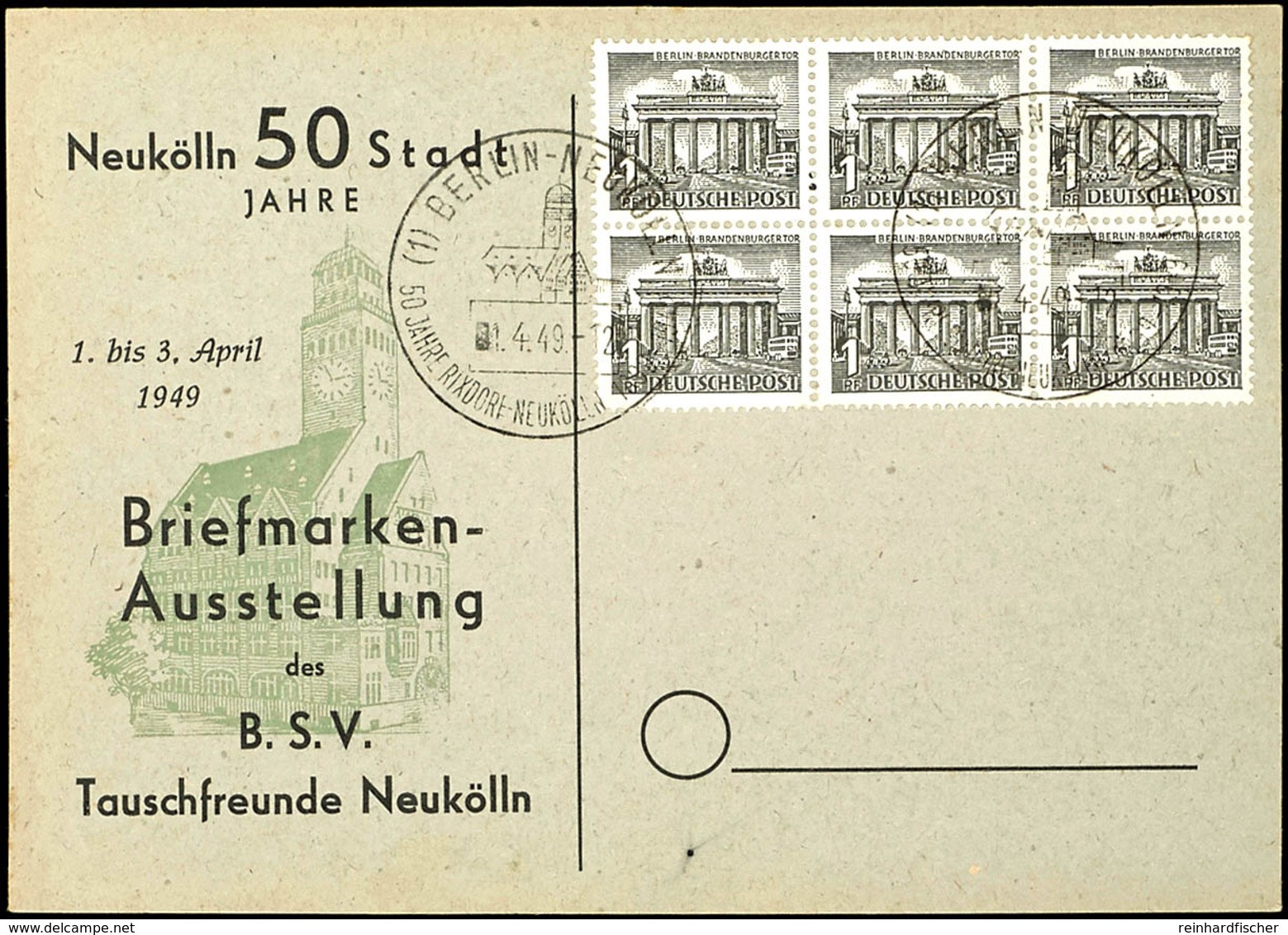 1 Pfg Berliner Bauten, Sechserblock Auf Blanko-Karte Mit Entwertung "BERLIN NEUKÖLLN 1.4.49", Bogenfelder 24 - 26 Und 34 - Sonstige & Ohne Zuordnung