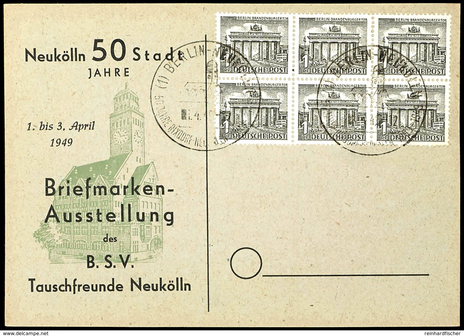 1 Pfg Berliner Bauten, Sechserblock Auf Blanko-Karte Mit Entwertung "BERLIN NEUKÖLLN 1.4.49", Bogenfelder 4 - 6 Und 14 - - Other & Unclassified