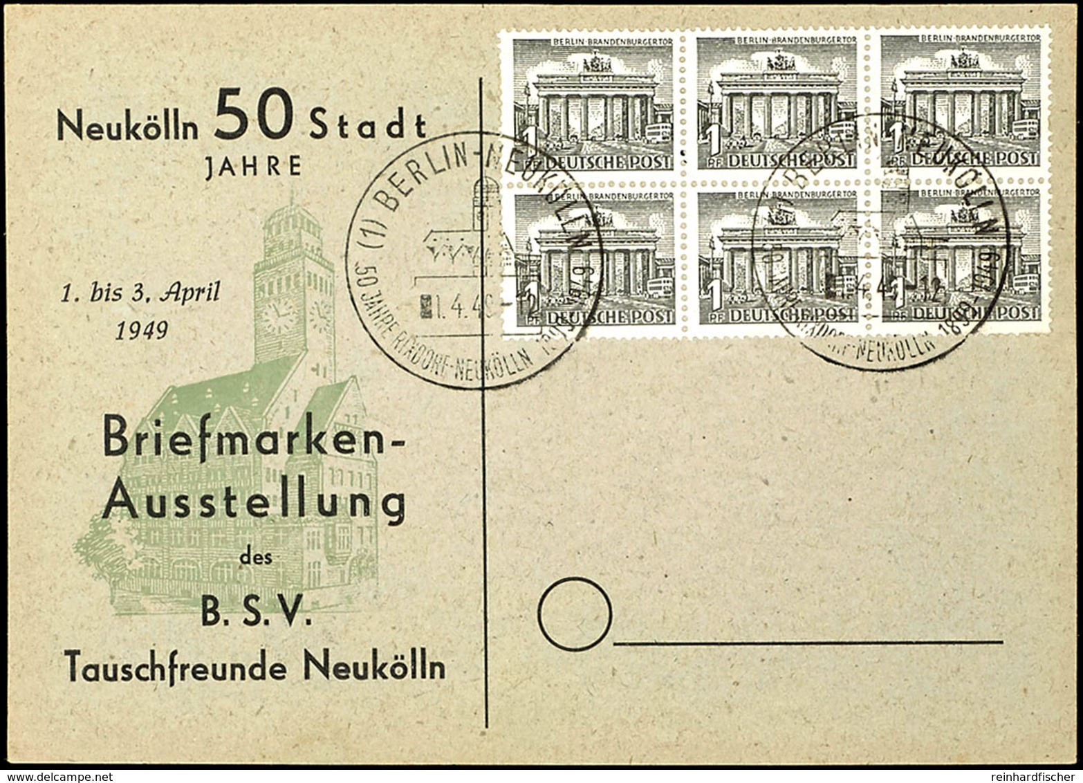 1 Pfg Berliner Bauten, Sechserblock Auf Blanko-Karte Mit Entwertung "BERLIN NEUKÖLLN 1.4.49", Bogenfelder 41 - 43 Und 51 - Other & Unclassified