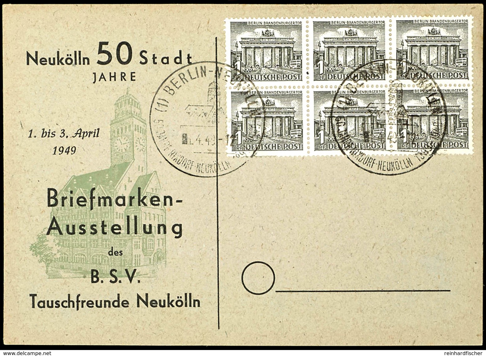 1 Pfg Berliner Bauten, Sechserblock Auf Blanko-Karte Mit Entwertung "BERLIN NEUKÖLLN 1.4.49", Bogenfelder 44 - 46 Und 54 - Altri & Non Classificati