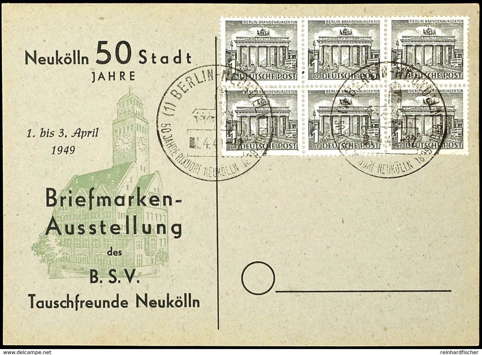 1 Pfg Berliner Bauten, Sechserblock Auf Blanko-Karte Mit Entwertung "BERLIN NEUKÖLLN 1.4.49", Bogenfelder 47 - 49 Und 57 - Other & Unclassified