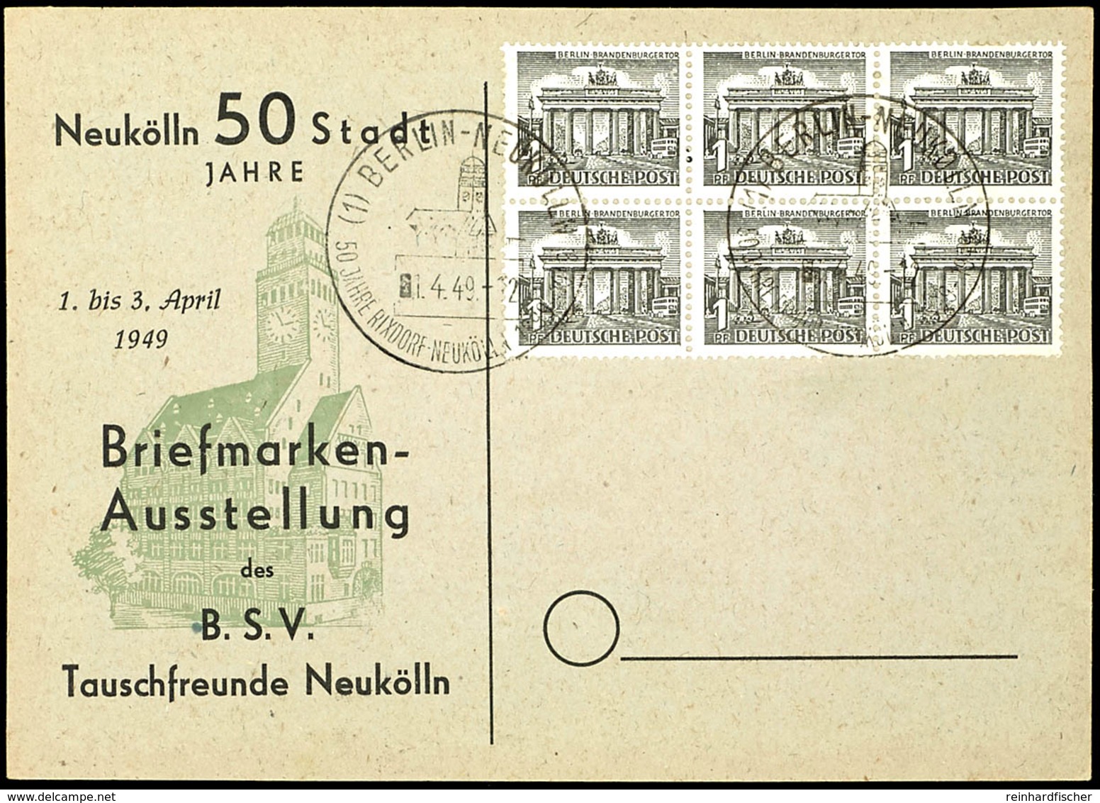 1 Pfg Berliner Bauten, Sechserblock Auf Blanko-Karte Mit Entwertung "BERLIN NEUKÖLLN 1.4.49", Bogenfelder 61 - 63 Und 71 - Other & Unclassified