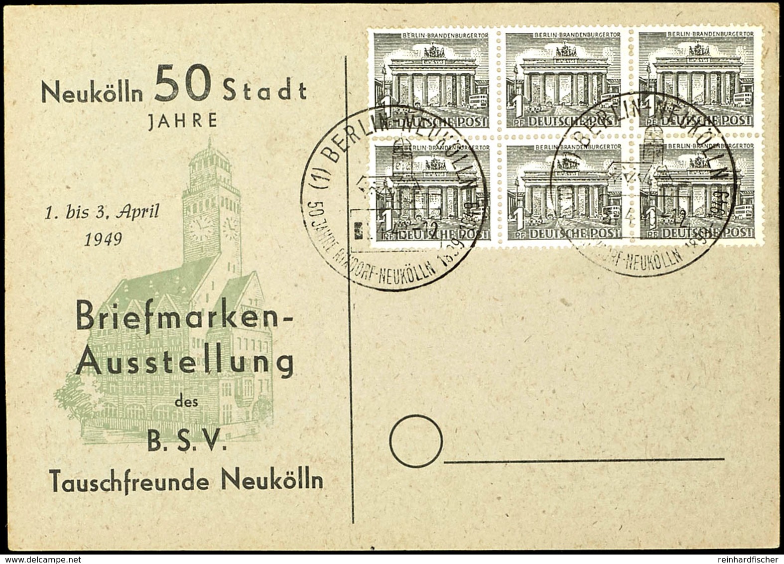 1 Pfg Berliner Bauten, Sechserblock Auf Blanko-Karte Mit Entwertung "BERLIN NEUKÖLLN 1.4.49", Bogenfelder 67 - 69 Und 77 - Sonstige & Ohne Zuordnung