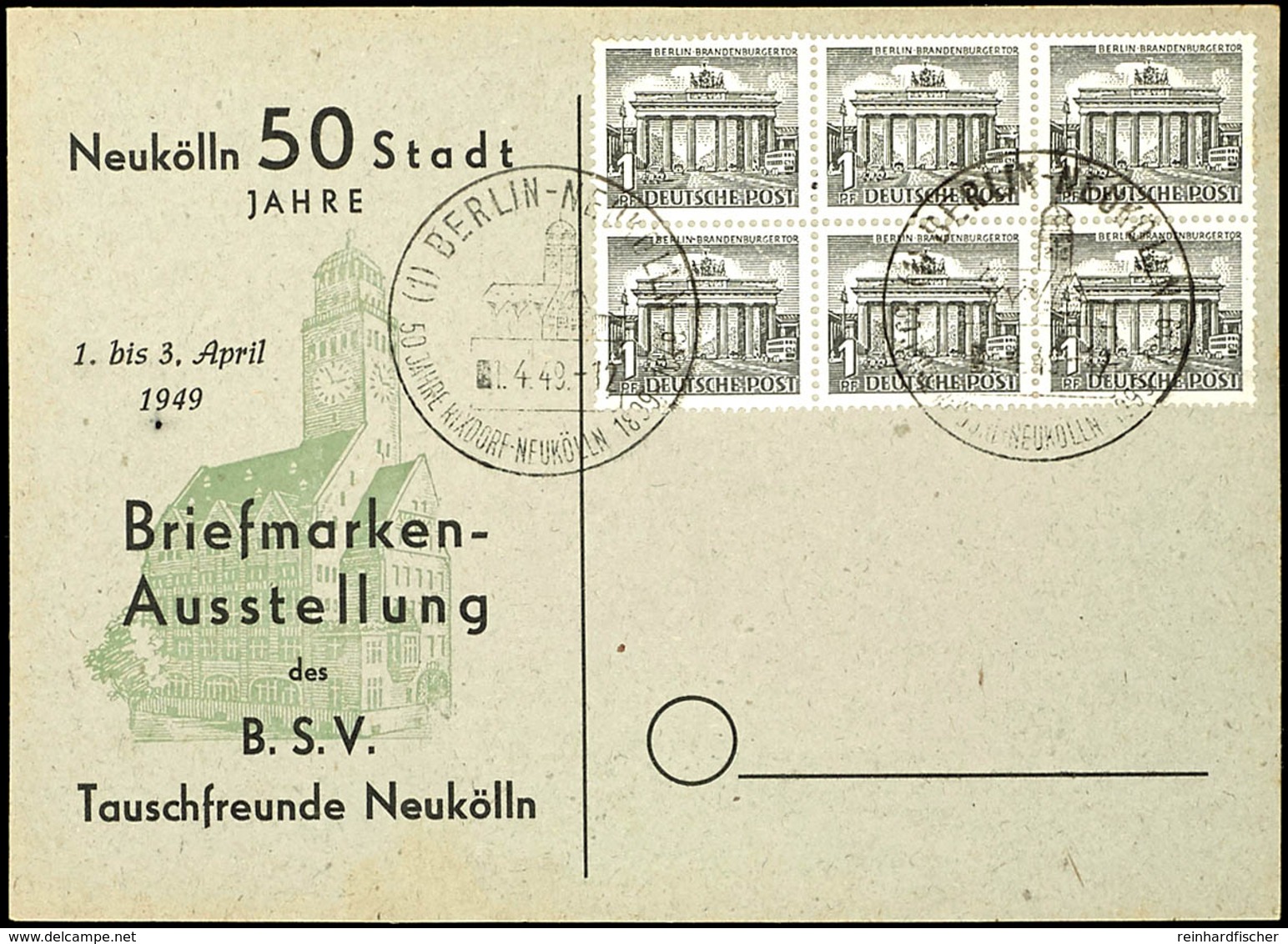 1 Pfg Berliner Bauten, Sechserblock Auf Blanko-Karte Mit Entwertung "BERLIN NEUKÖLLN 1.4.49", Bogenfelder 7 - 9 Und 17 - - Other & Unclassified