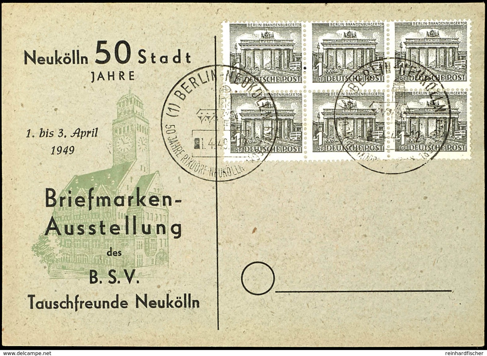 1 Pfg Berliner Bauten, Sechserblock Auf Blanko-Karte Mit Entwertung "BERLIN NEUKÖLLN 1.4.49", Bogenfelder 81 - 81 Und 91 - Other & Unclassified