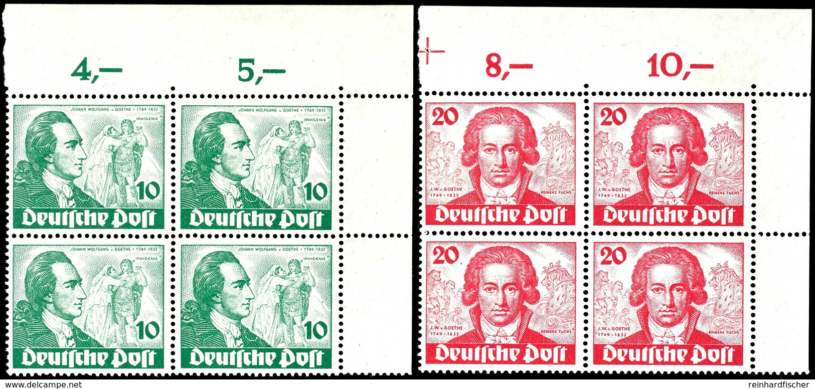 10 - 30 Pfg Goethe, 4er-Blocks Einheitlich Mit Rechter Oberer Bogenecke, Tadellos Postfrisch, Horizontal Minimal Vorgefa - Autres & Non Classés