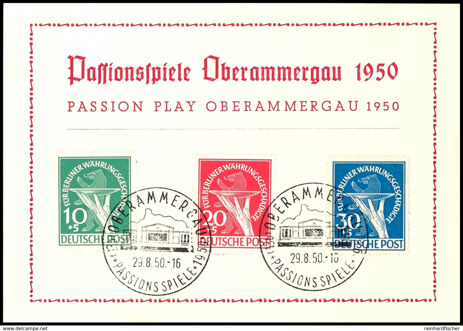 10-30Pfg., Währungsgeschädigte Mit Sonderstempel "OBERAMMERGAU / PASSIONSSPIELE 29.8.50" Auf Blanko-Sonderpostkarte, Fot - Autres & Non Classés