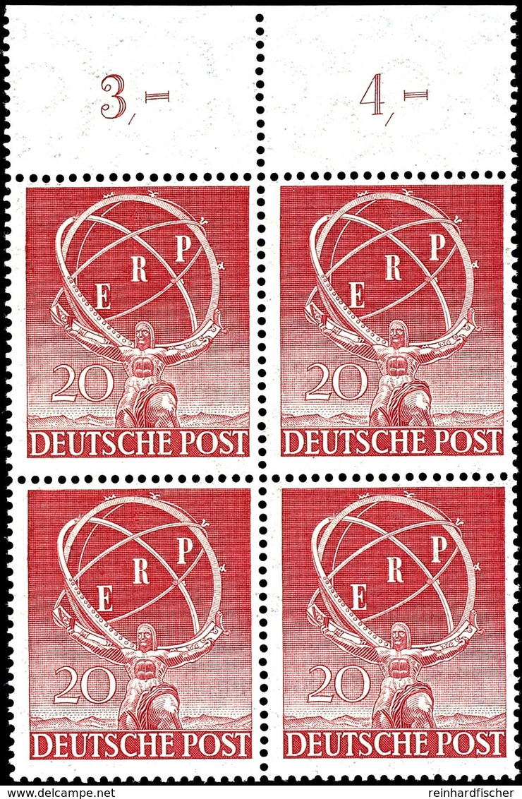 20 Pfg ERP, 4er-Block Mit Oberrand Und RWZ, Tadellos Postfrisch, Unsigniert, Kabinett, Mi. 400.-, Katalog: 71(4) ** - Autres & Non Classés