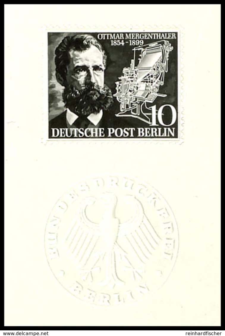 10 Pfg Ottmar Mergenthaler, Ankündigungskarton (grau, Format Ca. Din A 6 Quer) Mit Dem Trockensiegel Der Bundesdruckerei - Autres & Non Classés