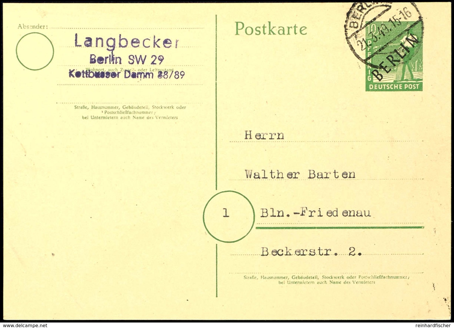 10 Pfg Schwarzaufdruck Ganzsachenkarte Gestempelt "BERLIN 21.3.49" Nach Friedenau, Links Unten Kaum Merklicher Bug, Sehr - Sonstige & Ohne Zuordnung