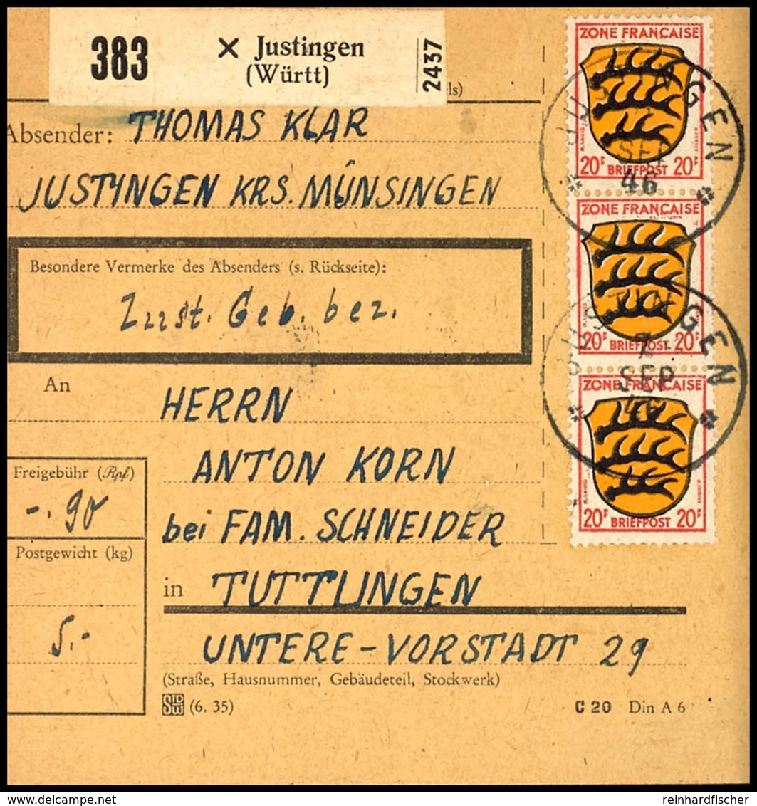 5 Pfg (2) Und 20 Pfg (4) Freimarken Auf Paketkarte Von Justingen/Württemberg Nach Tuttlingen, Paketkarten Der Französisc - Autres & Non Classés