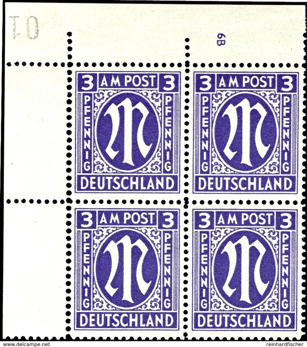 3 Pfg AM-Post, Englischer Druck, Eckrand-4er-Block Mit Platten-Nr. "6B", Tadellos Postfrisch, In Dieser Form Besonders D - Other & Unclassified