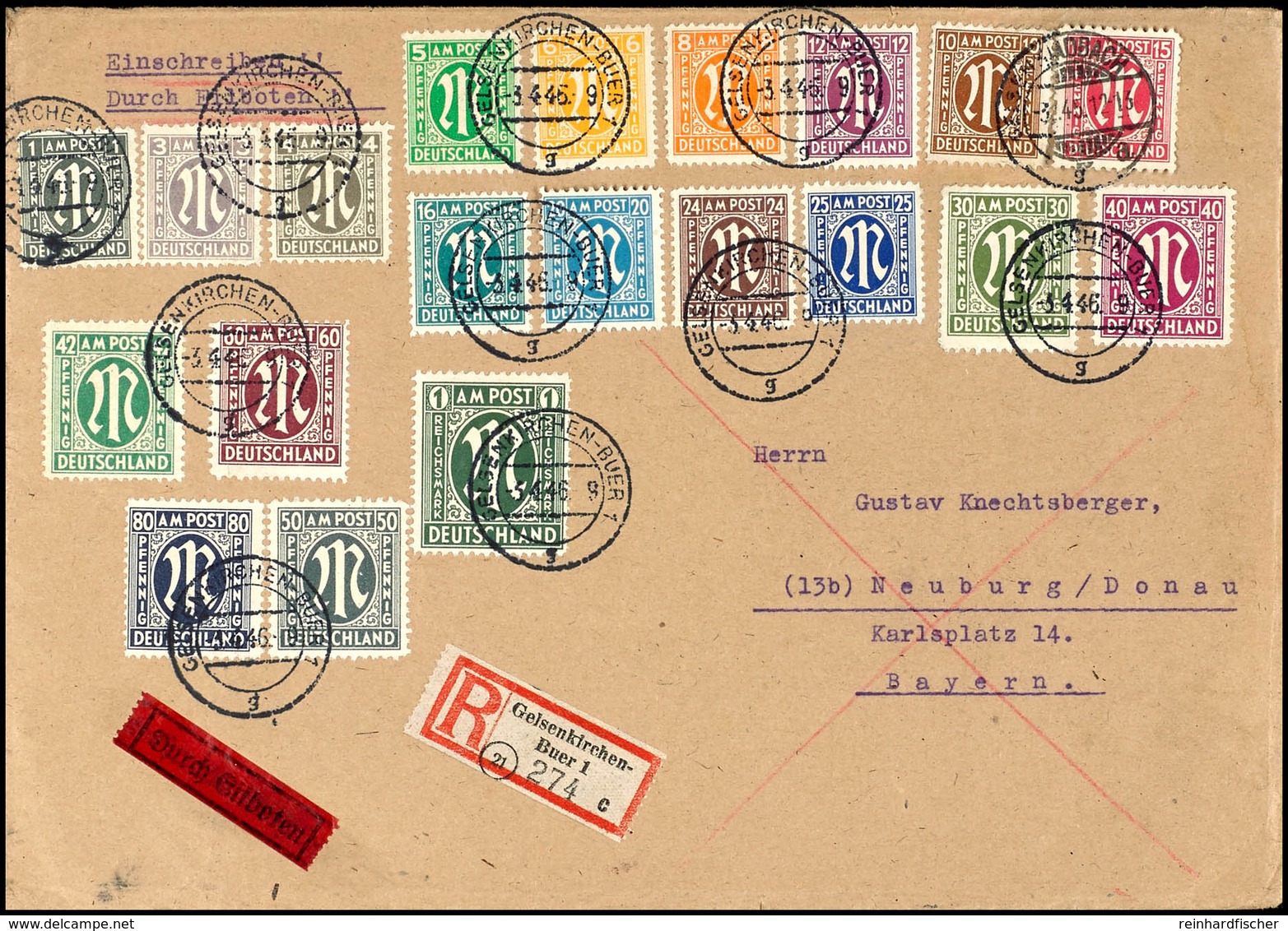 1 Pfg Bis 1 Reichsmark AM-Post, Kompletter Satz Mit 20 Werten (15 Pfg Nachträglich Zugeklebt) Auf überfrankiertem Eilbot - Other & Unclassified