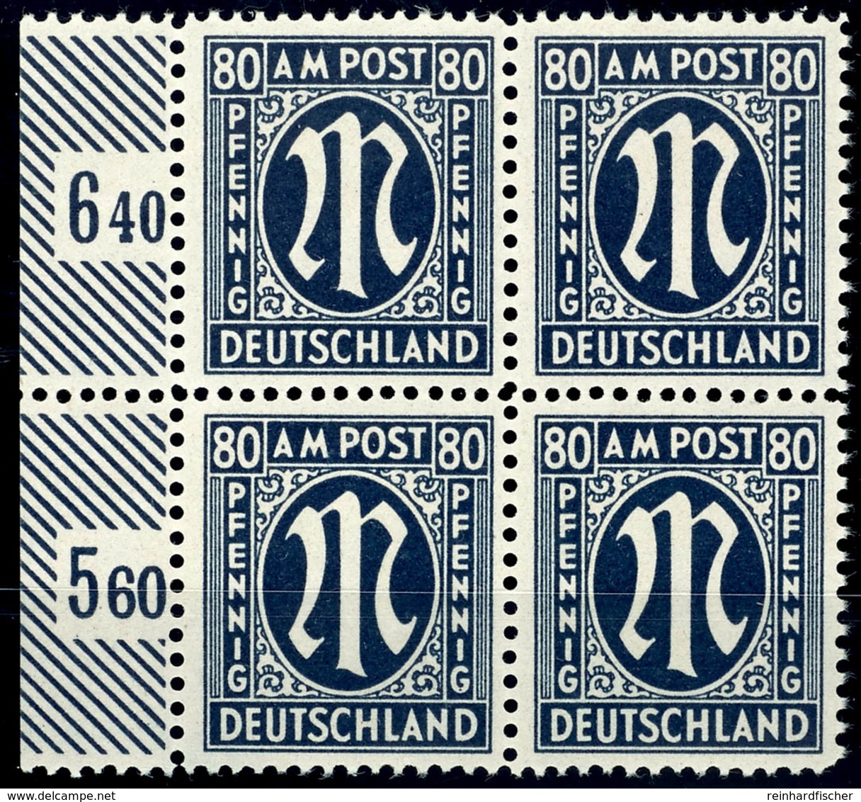 80 Pfg AM-Post, Deutscher Druck, Schwarzblau 4er-Block Vom Linken Bogenrand, Tadellos Postfrisch, Fotoattest Hettler BPP - Other & Unclassified