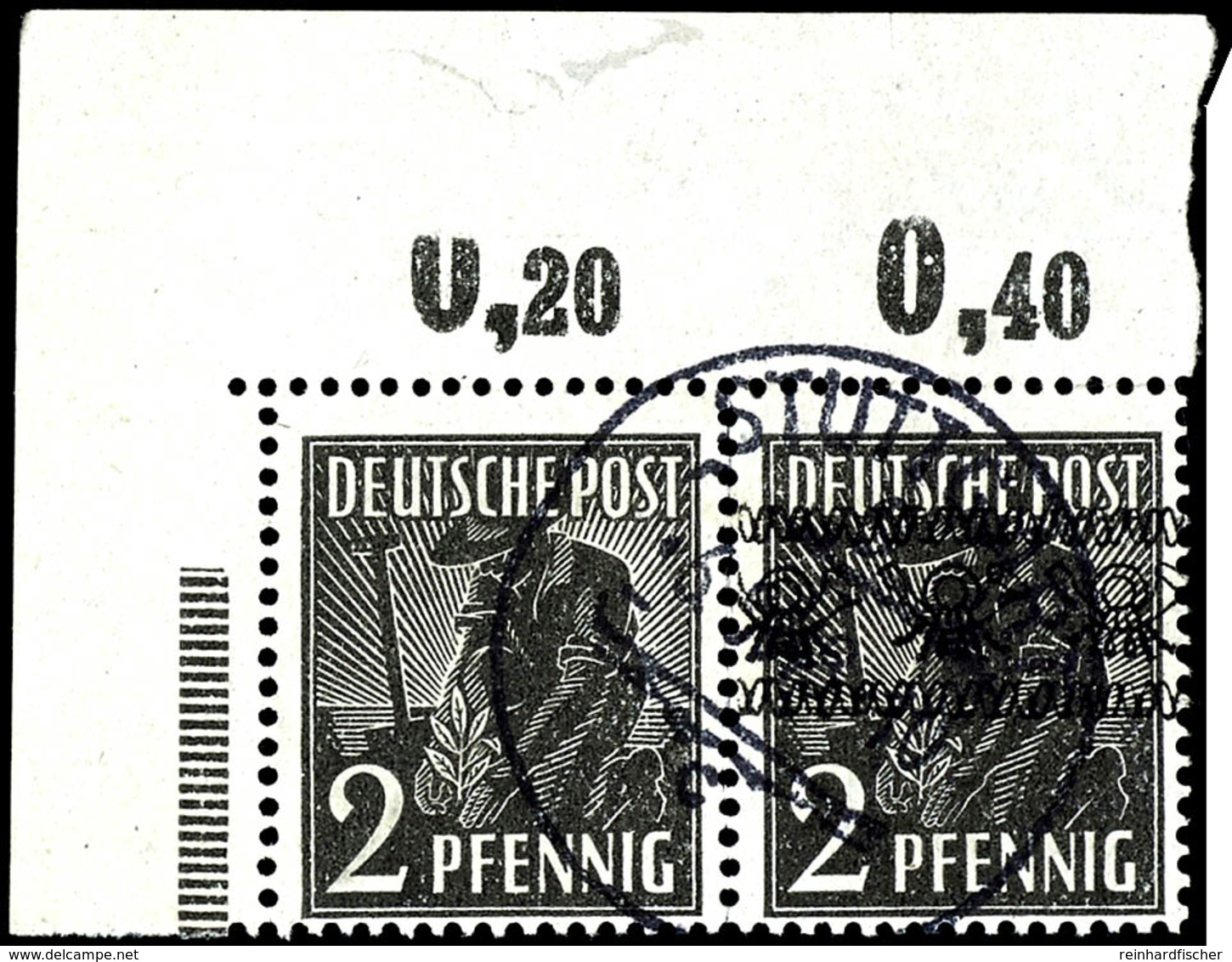 2 Pfg. Arbeiter, Waagerechtes Paar, Linke Marke Ohne, Rechte Marke Mit Bandaufdruck, Aus Der Linken Oberen Bogenecke, Ge - Other & Unclassified