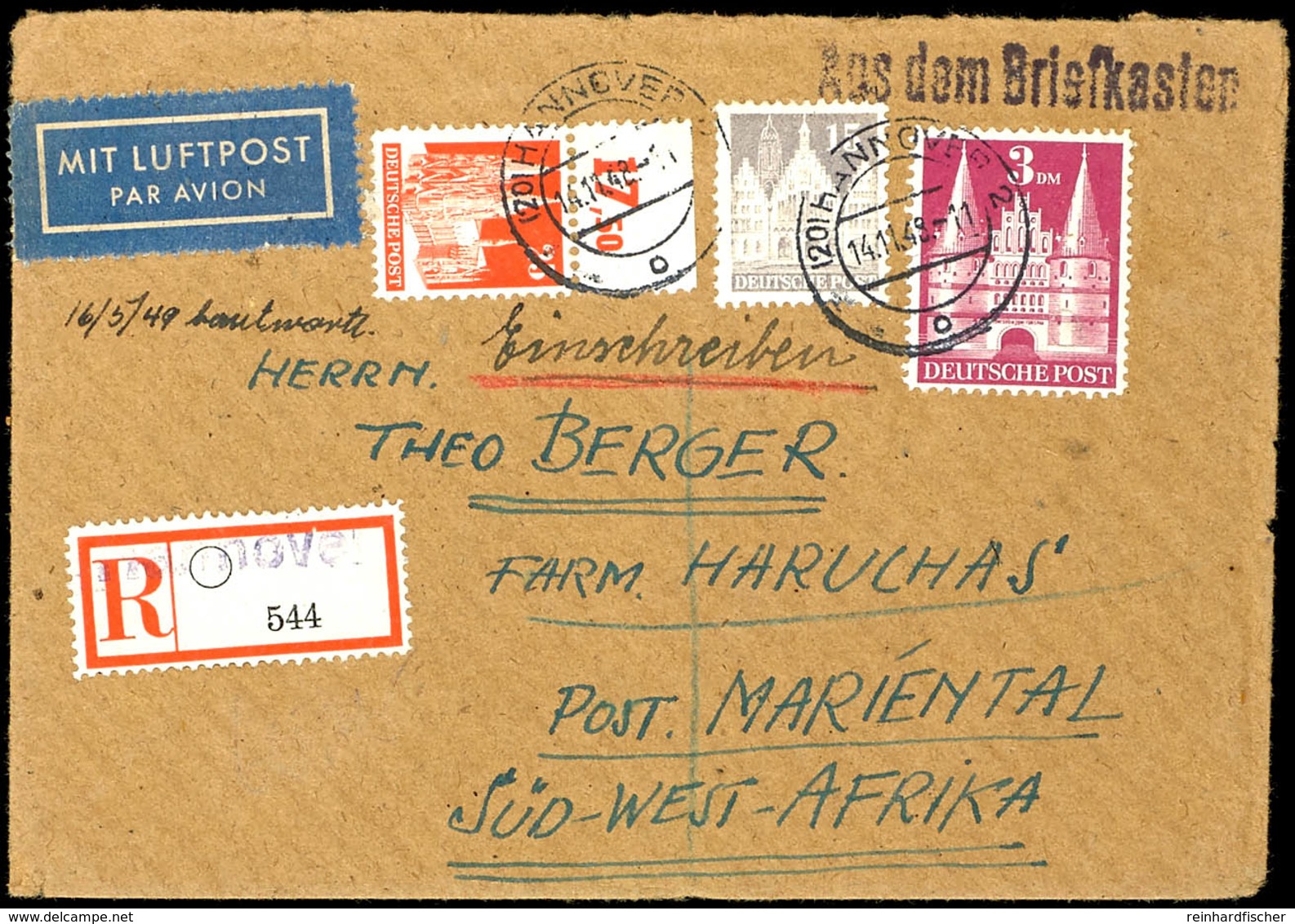 3 DM, 15 Pfg Mit Oberrand Und 25 Pfg Bauten, Auf Portogerechtem Luftpost-R-Brief Von "HANNOVER 2 14.11.48", Nebenstempel - Other & Unclassified