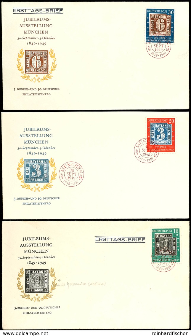 10 - 30 Pfg 100 Jahre Deutsche Briefmarken, 3 Werte Komplett, Je Auf Blanko FDC Mit Roten ESST "MÜNCHEN 30 SEPT. 1949",  - Sonstige & Ohne Zuordnung