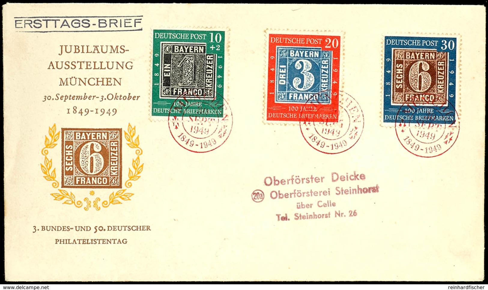 10 - 30 Pfg 100 Jahre Deutsche Briefmarken Auf Satz-FDC Mit ESST "MÜNCHEN 30 SEPT 1949" Nach Celle, Tadellose Erhaltung, - Autres & Non Classés