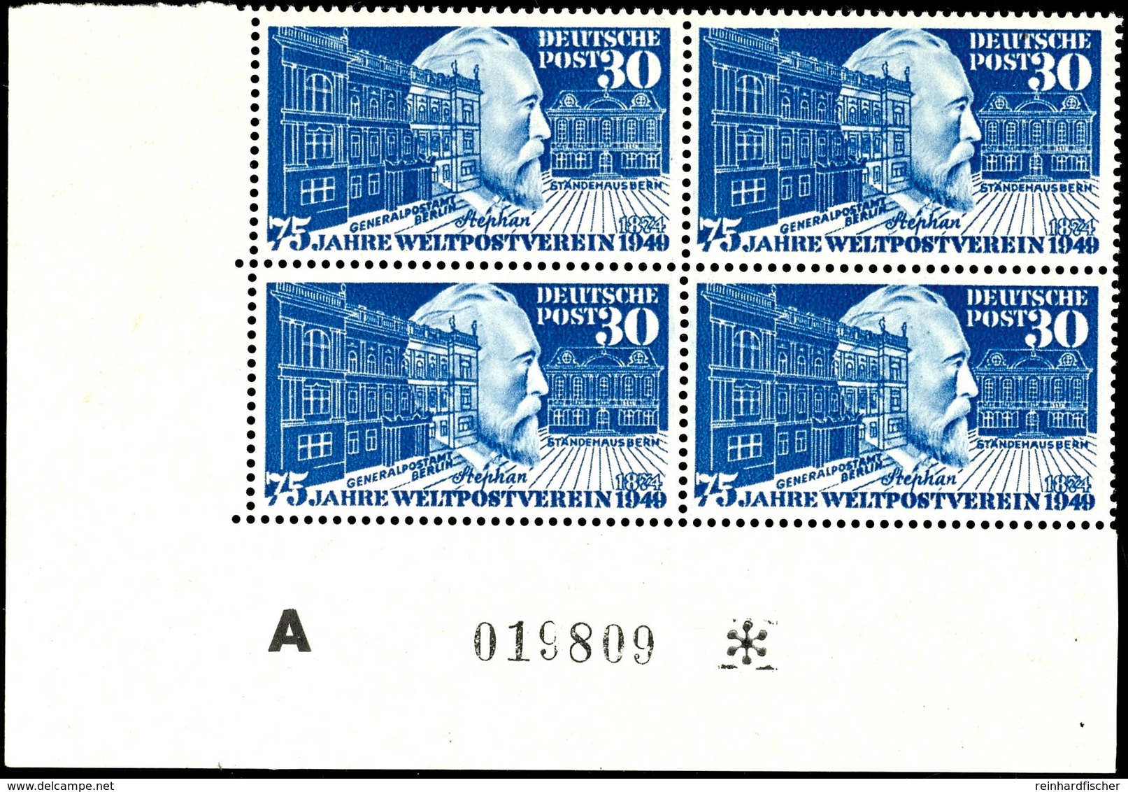 30 Pfg Stephan, Eckrandviererblock Unten Links Mit Bogennummer "A 019809 *", Tadellos Postfrisch, Mi. 280.-++, Katalog:  - Sonstige & Ohne Zuordnung