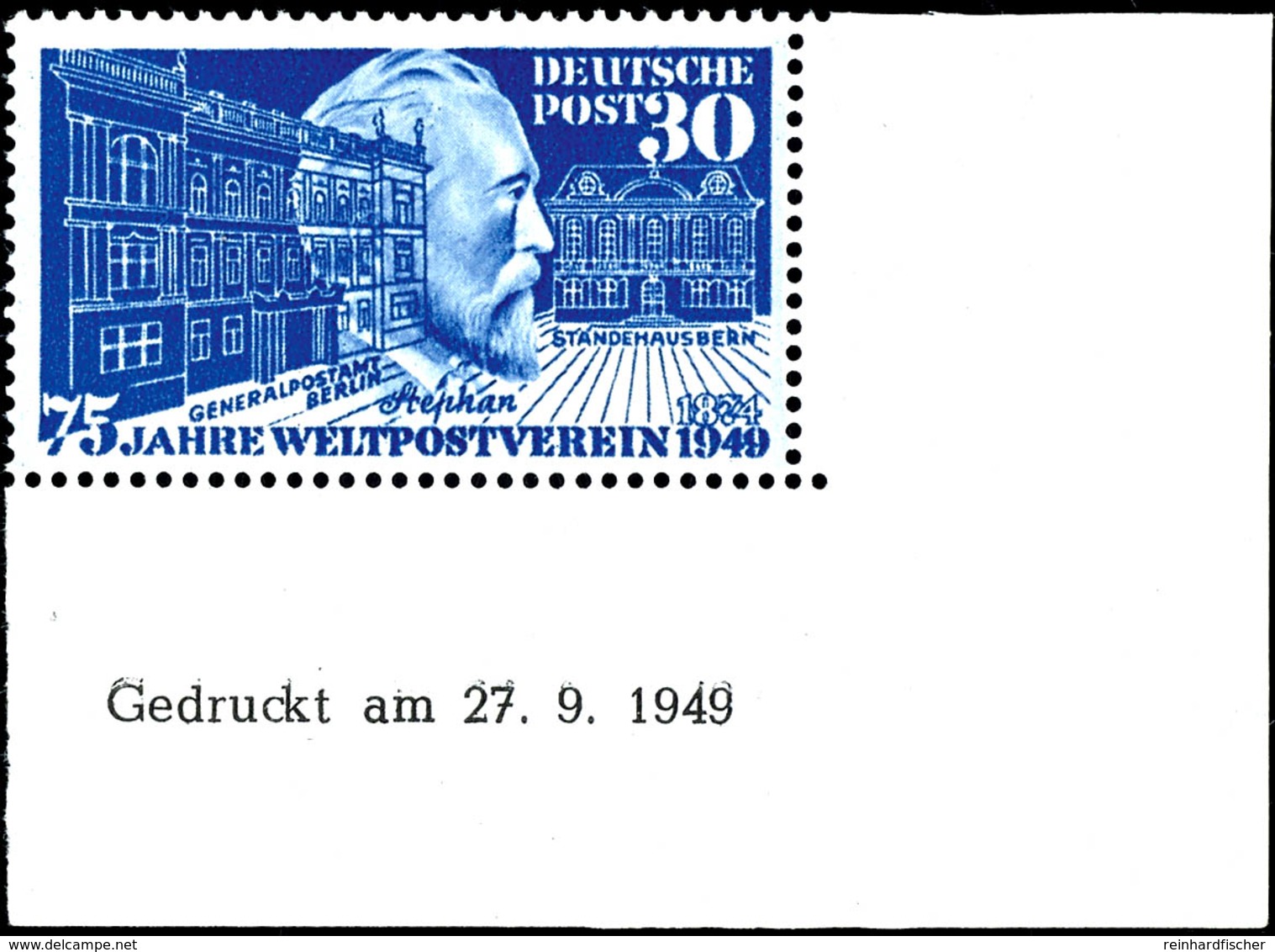 30 Pfg Stephan, Eckrandstück Unten Rechts Mit Druckdatum "27.9.1949", Tadellos Postfrisch, Mi. 220.-, Katalog: 116Bru ** - Other & Unclassified