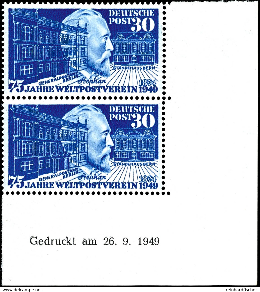 30 Pfg Stephan, Senkr. Paar Vom Eckrand Unten Rechts Mit Druckdatum "26.9.49", Tadellos Postfrisch, Mi. 450.-, Katalog:  - Sonstige & Ohne Zuordnung