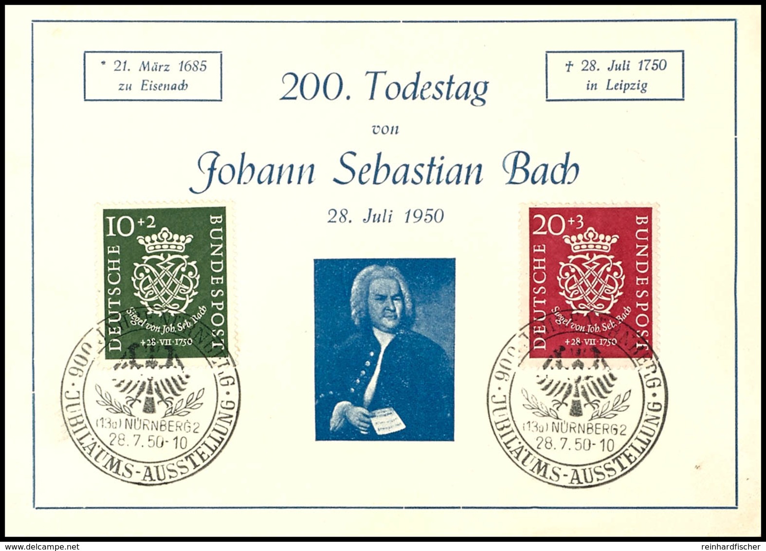 10 U. 20 Pfg. Bach Mit Ersttagssonderstempel "NÜRNBERG 28.7.50" Auf Illustrierter Ersttagskarte, Mi. 600.-, Katalog: 121 - Sonstige & Ohne Zuordnung