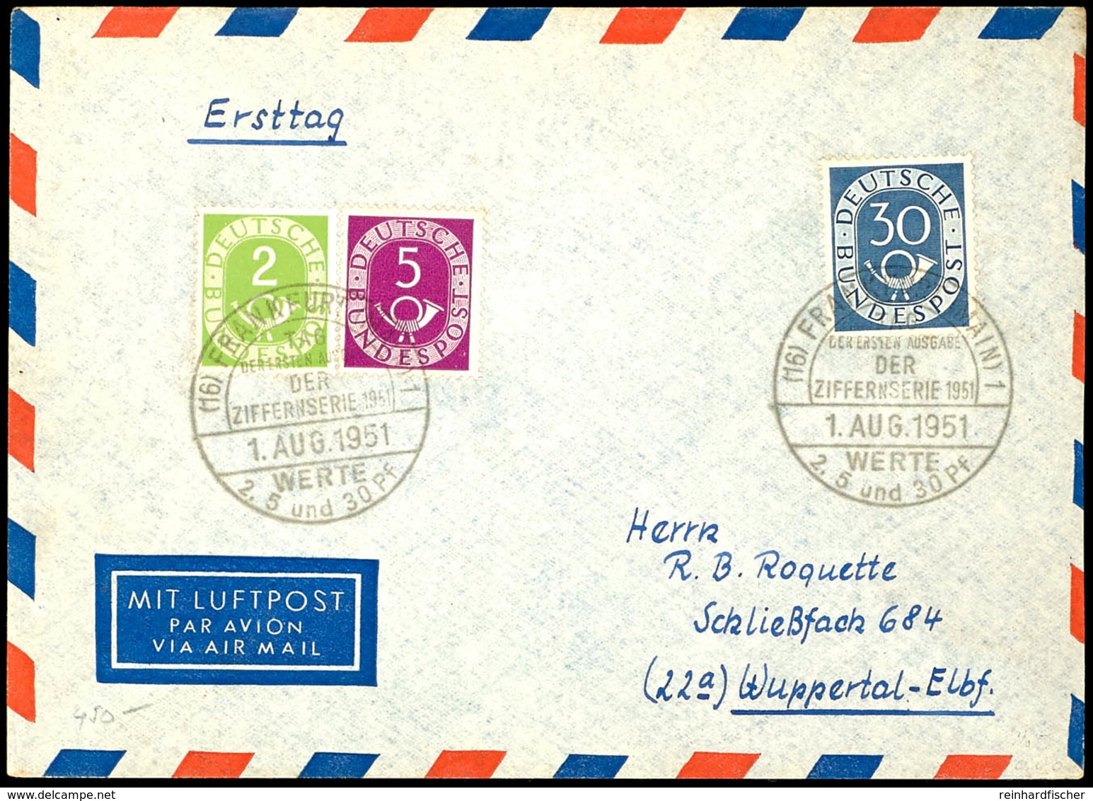 2, 5 Und 30 Pfg Posthorn Auf Luftpost-FDC Mit ESST "(16) FRANKFURT (MAIN) 1. AUG 1951" Nach Wuppertal, Tadellos, Mi. 220 - Sonstige & Ohne Zuordnung