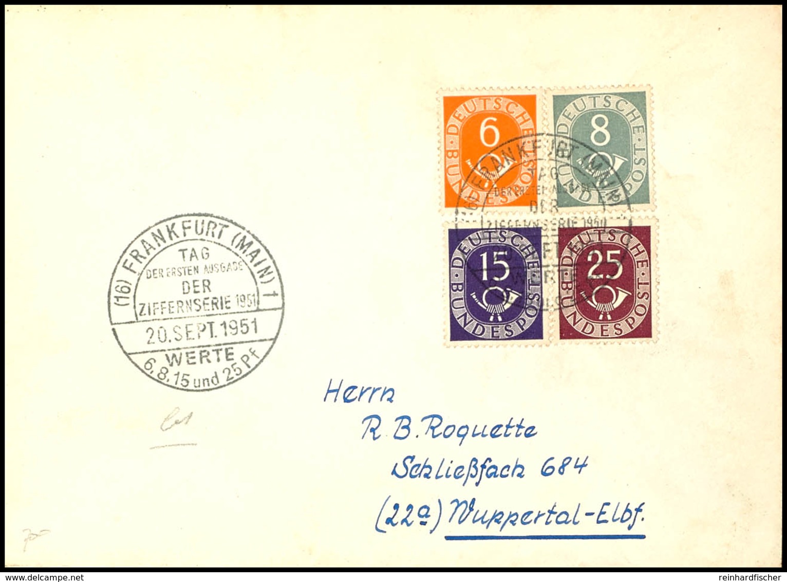 6, 8, 15 Und 25 Pfg Posthorn, Als 4er-Block Geklebt Auf FDC Mit ESST "(18) FRANKFURT (MAIN) 20. SEPT 1951" Nach Wupperta - Autres & Non Classés