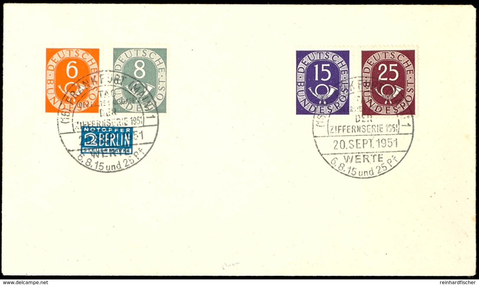 6, 8,15 Und 25 Pfg. Mit Ersttagssonderstempel "FRANKFURT (MAIN) 20 SEPT 1951" Auf Blankoumschlag, Fotobefund Schlegel D. - Other & Unclassified