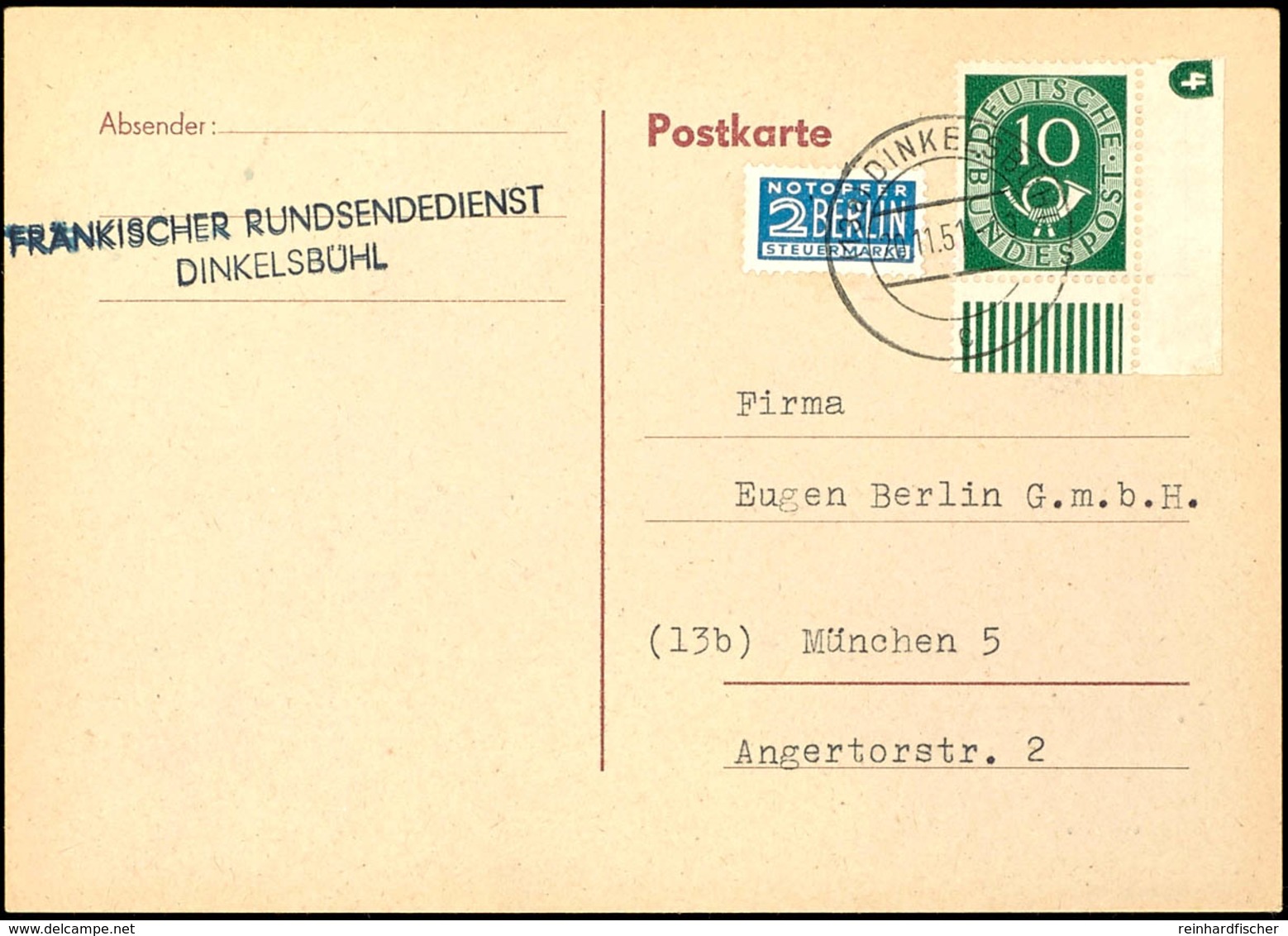 10 Pfg Posthorn Mit Rechter Unterer Bogenecke Und Druckerzeichen "4" Neg, Walzendruck-Unterrand Mit Dünnem Walzenstrich  - Autres & Non Classés