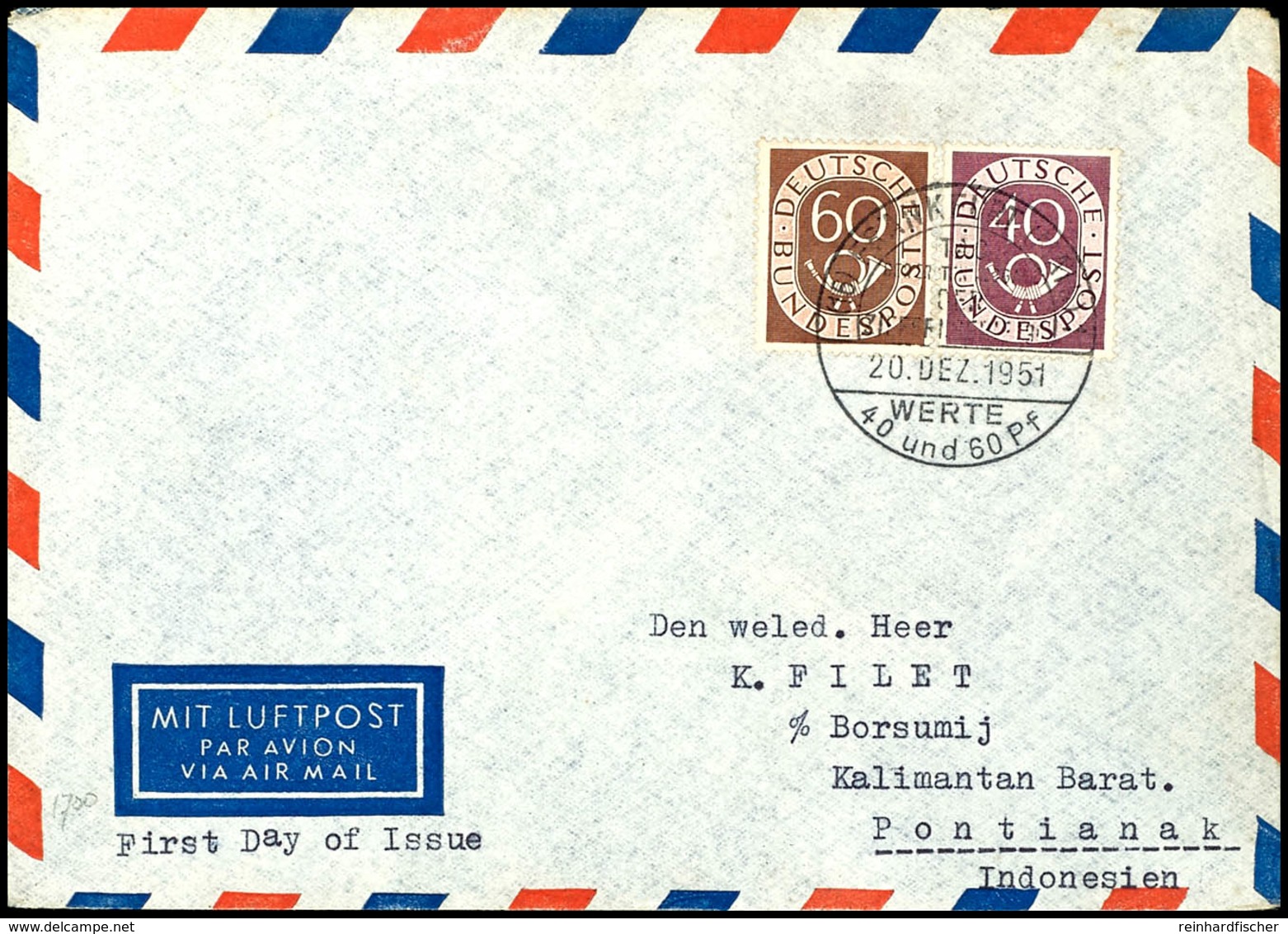 40 Und 60 Pfg Posthorn Auf Luftpost-FDC Mit ESST "(16) FRANKFURT (MAIN) 20. DEZ 1951" Nach Pontianak / Indonesien Adress - Autres & Non Classés