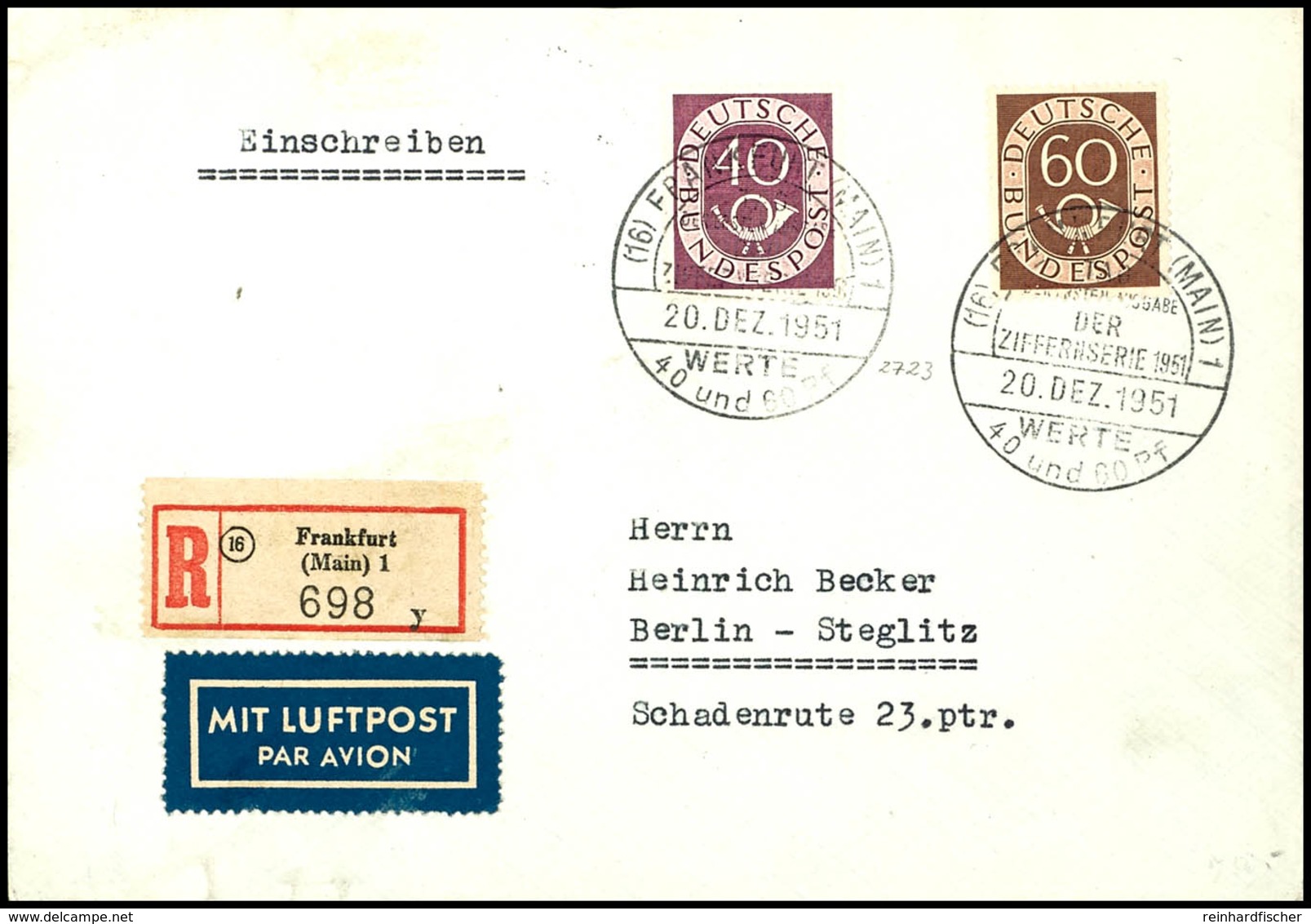 40 Und 60 Pfg Posthorn Auf Luftpost-R-FDC Mit ESST "(16) FRANKFURT (MAIN) 20. DEZ. 1951" Nach Berlin Mit Ankunftsstempel - Autres & Non Classés