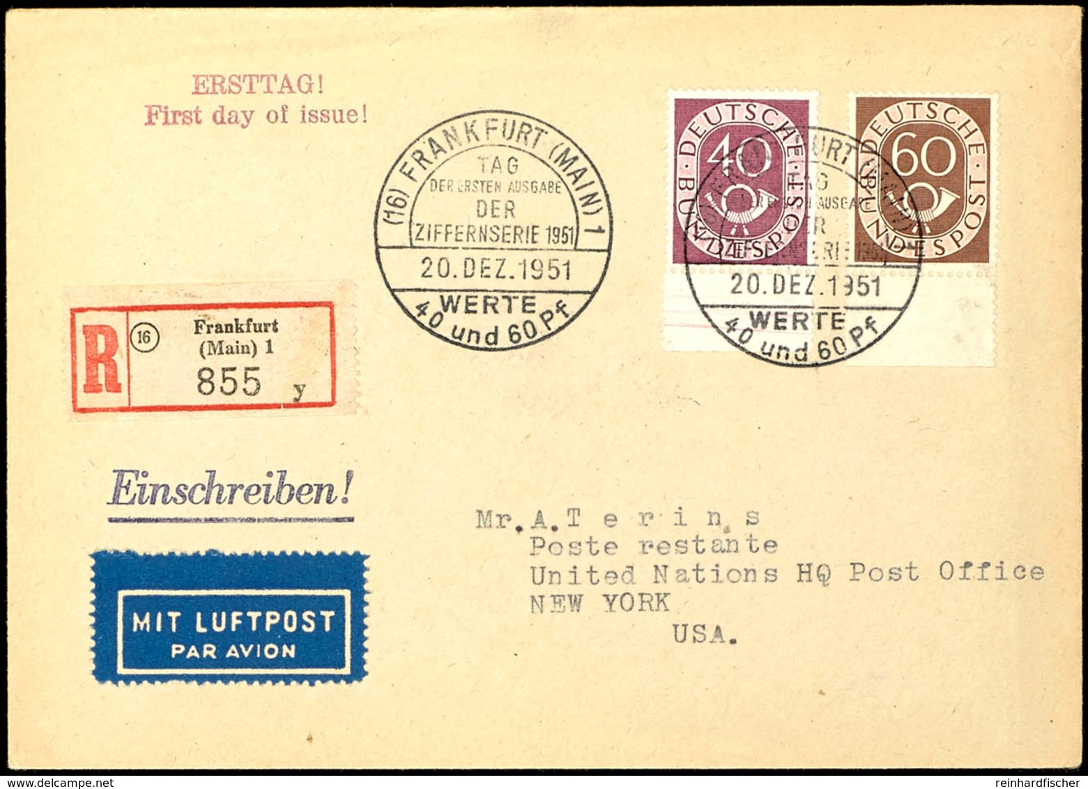 40 Und 60 Pfg. Posthorn, Unterrandstücke, Mit Ersttagssonderstempel "FRANKFURT (MAIN) 20 DEZ 1951" Auf Portogerechtem Lu - Autres & Non Classés