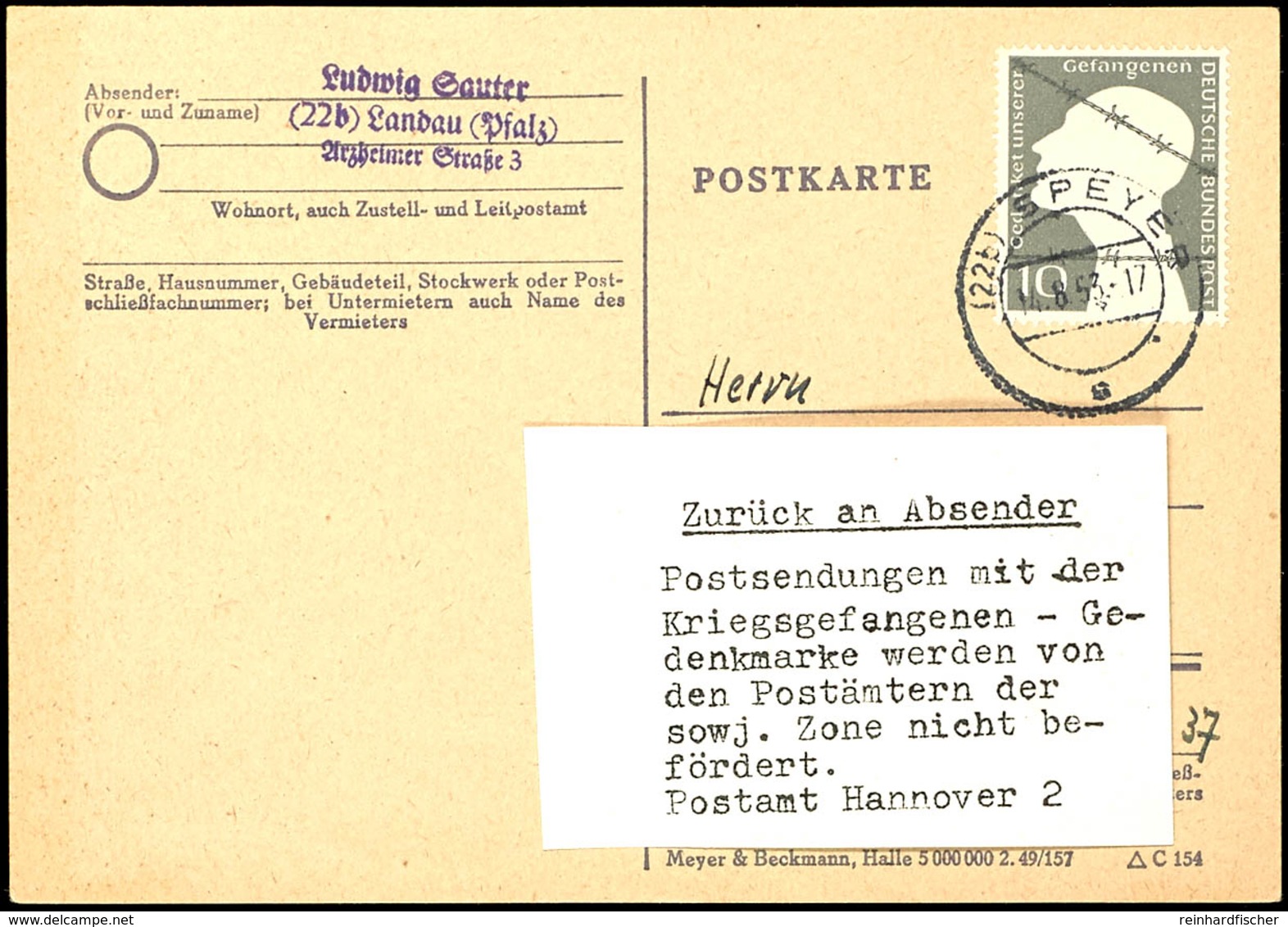 10 Pfg Kriegsgefangenenmarke Auf Portogerechter Postkarte Von "SPEYER 14.8.53" In Die DDR, Vom Postamt Hannover Angehalt - Other & Unclassified