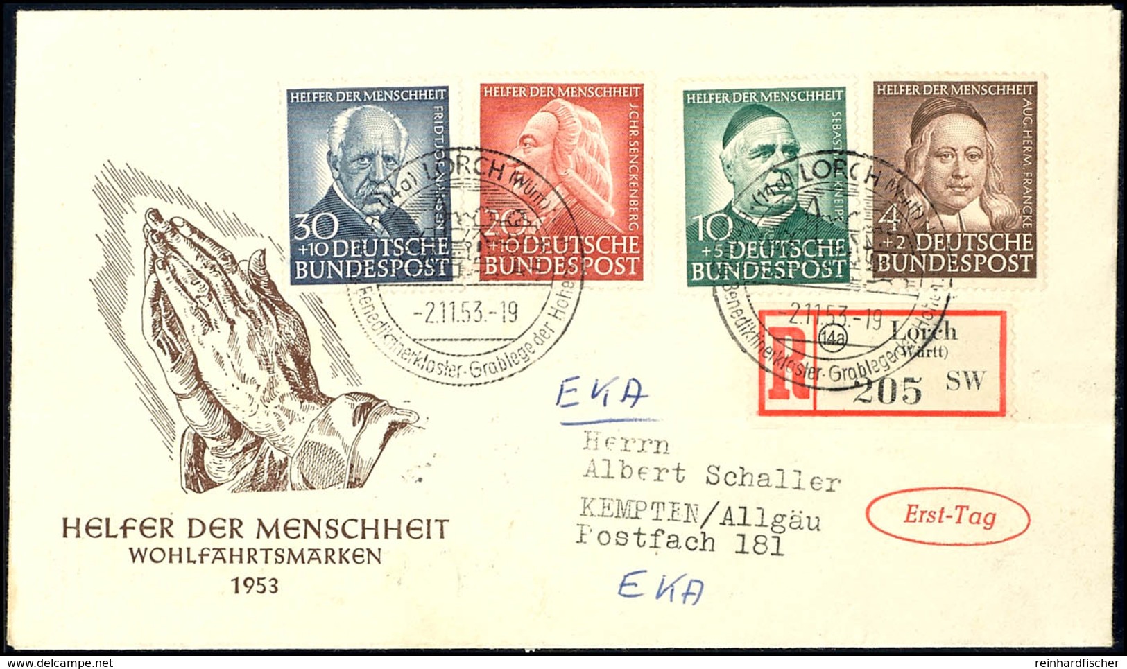 4 - 30 Pfg Helfer Der Menschheit, 4 Werte Komplett Auf Schmuck-R-FDC Von Mit Sonderstempel "(14a) LORCH 2.11.53" Nach Ke - Autres & Non Classés