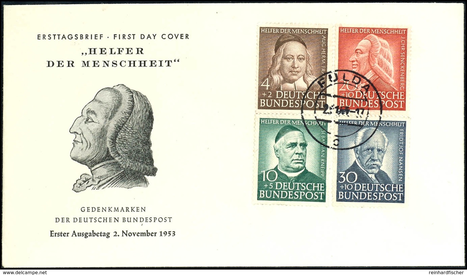 4 - 30 Pfg Helfer Der Menschheit, 4 Werte Komplett, Im 4er-Block Geklebt Auf Blanko-Schmuck-FDC Von "FULDA 2.11.53", Tad - Autres & Non Classés