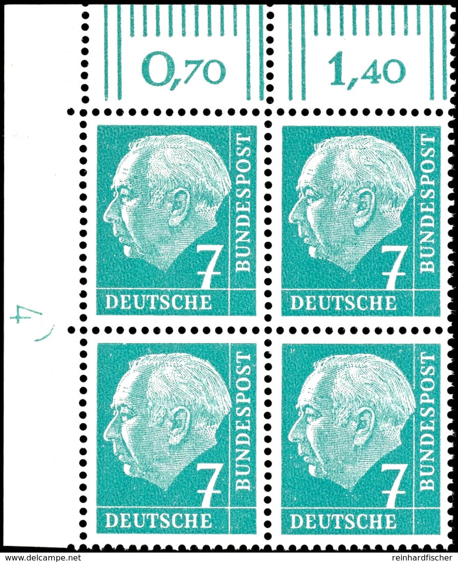 7 Pfg Heuss, 4er-Block Mit Linker Oberer Bogenecke Und Druckerzeichen "4" (Pos. 2a), Tadellos Postfrisch, Unsigniert, Ka - Other & Unclassified