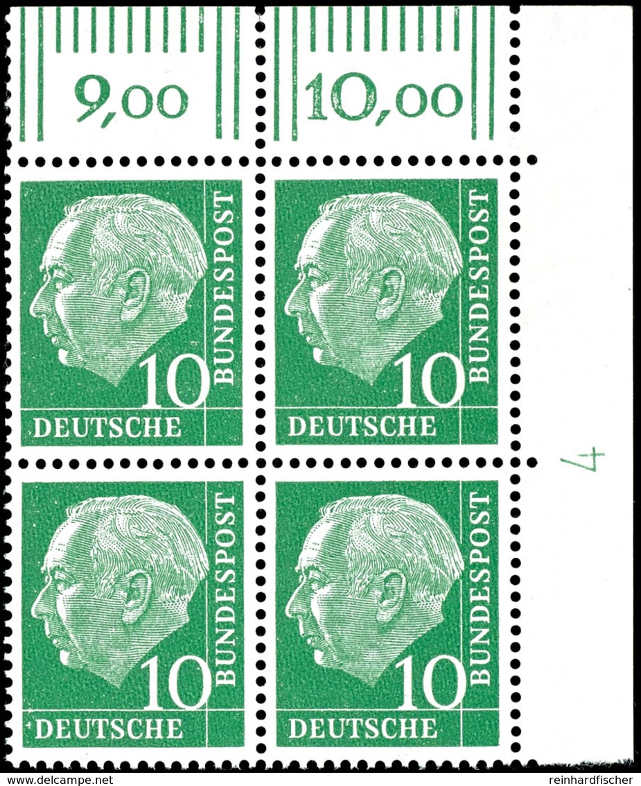 10 Pfg. Heuss, Postfrischer 4-er Block Aus Der Rechten Oberen Bogenecke Mit Druckerzeichen "4", Katalog: 183xDZ ** - Autres & Non Classés