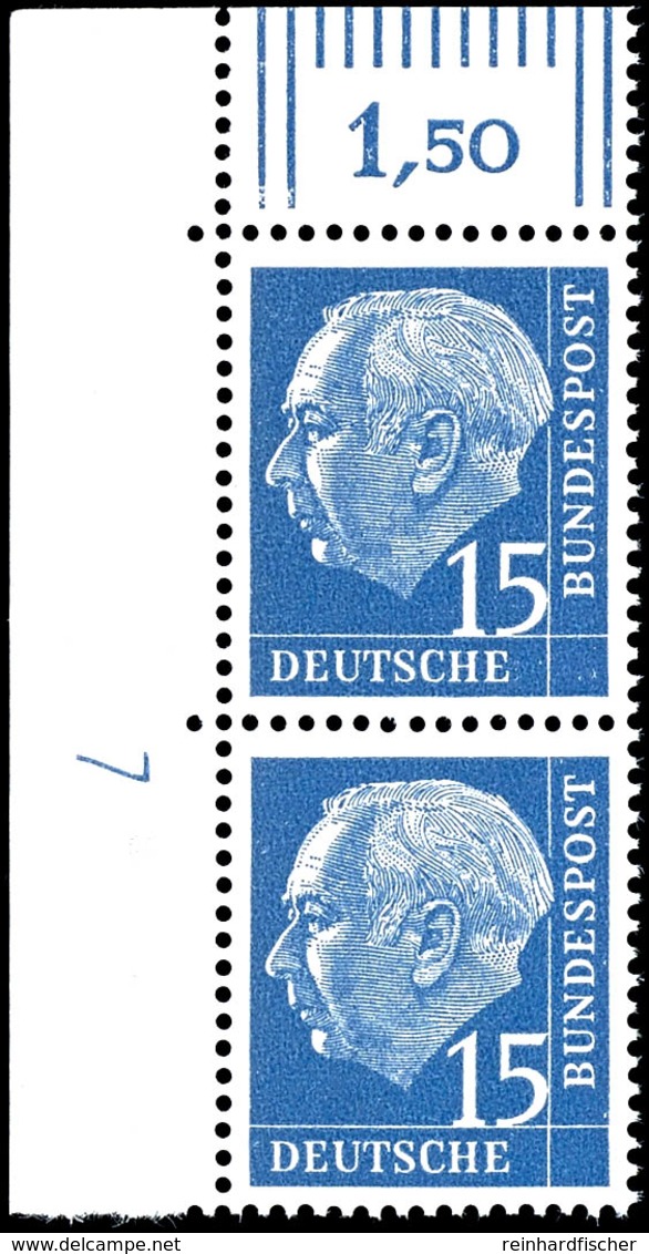 15 Pfg Heuss, Senkrechtes Paar, 3er-Streifen Und 4er-Block, Je Mit Linker Oberer Bogenecke Und Druckerzeichen "7" Auf Po - Other & Unclassified