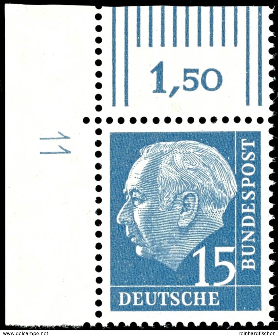 15 Pfg Heuss, Eckrandstück Oben Links, Walzendruck, Druckerzeichen "11 Positiv, Tadellos Postfrisch, Mi. 130.-, Katalog: - Autres & Non Classés