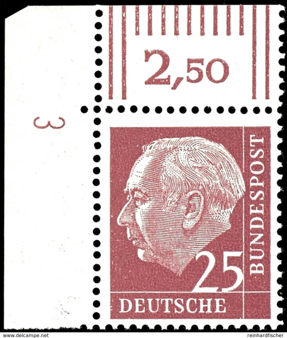 25 Pfg Heuss, Eckrandstück Oben Links, Walzendruck, Druckerzeichen "3" Positiv, Tadellos Postfrisch, Mi. 180.-, Katalog: - Other & Unclassified