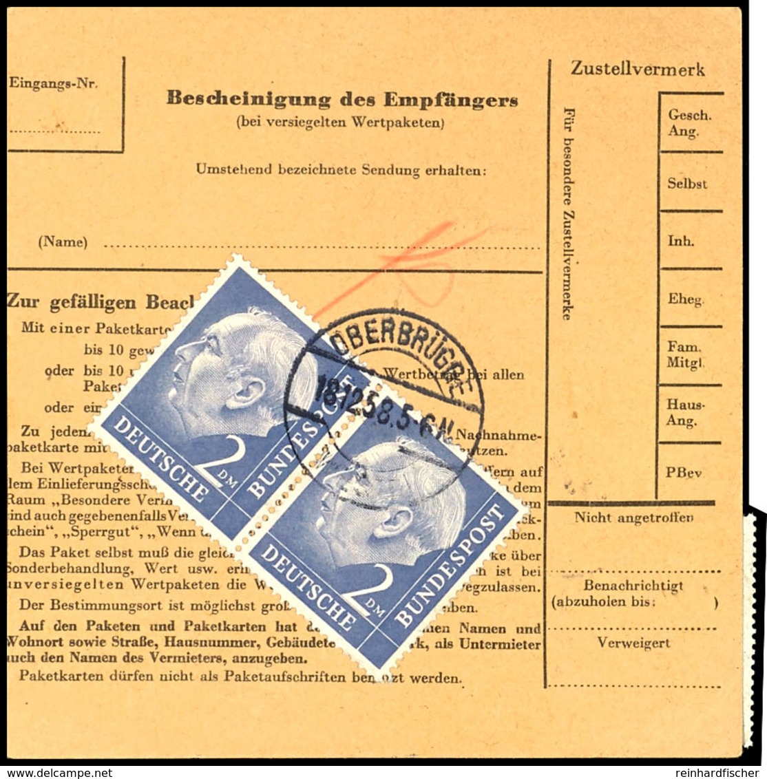 2 DM Heuss, Waagerechtes Paar, Zusammen Mit 10 Pfg Und 1 DM Heuss (rückseitig) Auf Paketkarte Von "OBERBRÜGGE 18.12.58"  - Other & Unclassified