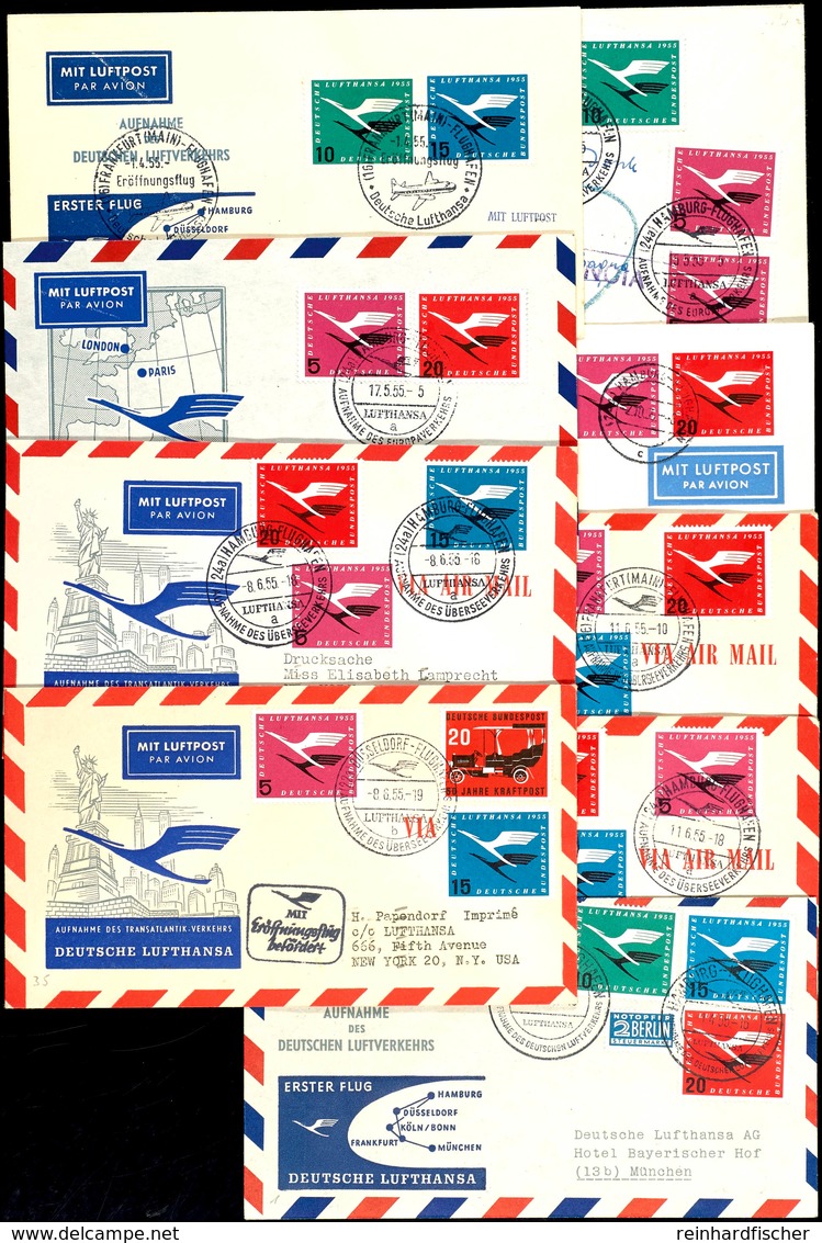 1955, 9 Lufthansa-Erstflugbelege, Haberer-Nr. 1, 11, 19, 31, 34, 35, 40, 41 Und 44), Jeweils Mit Marken Aus Dem Lufthans - Other & Unclassified