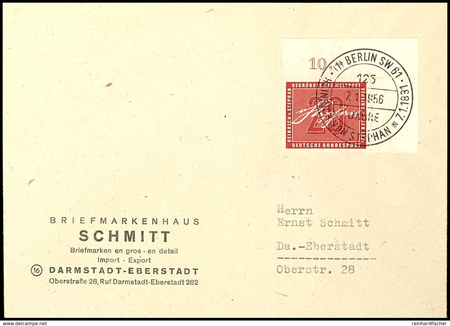 20 Pfg Heinrich Von Stephan Mit Rechter Oberer Bogenecke Auf FDC Mit ESST "BERLIN SW 61 7.1.1956" Nach Darmstadt-Ebersta - Other & Unclassified