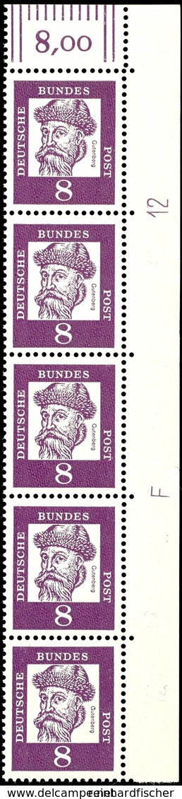 8 Pfg Bedeutende Deutsche, Senkrechter Fünferstreifen Mit Rechter Oberer Bogenecke Und Randvermerken "F" Und "12", Tadel - Sonstige & Ohne Zuordnung